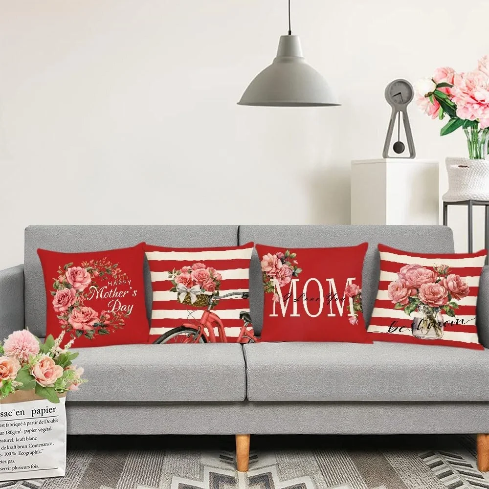 MOM Floral Throw Pillow Covers Set of 4 17x17.5 Red Farmhouse Pillow Covers Only
